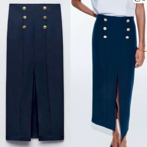 Navy Pencil Skirt with Gold Buttons